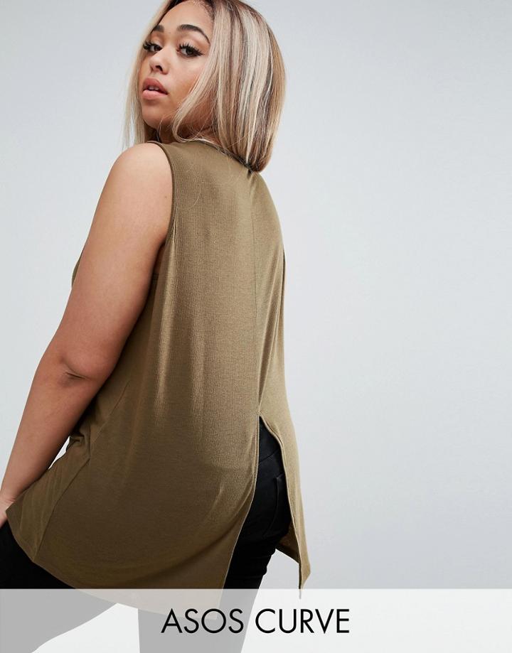 Asos Curve Sleeveless Top With Split Back In Rib - Green