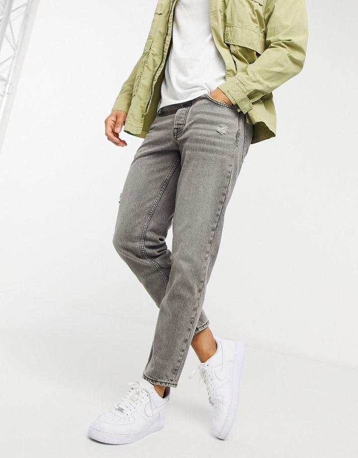 Asos Design Classic Rigid Jeans In Washed Black With Abrasions