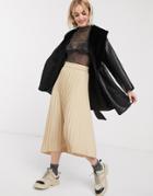 Monki Pleated Midi Skirt In Beige-neutral