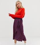 Glamorous Petite Wrap Midi Skirt In Satin Stripe-navy