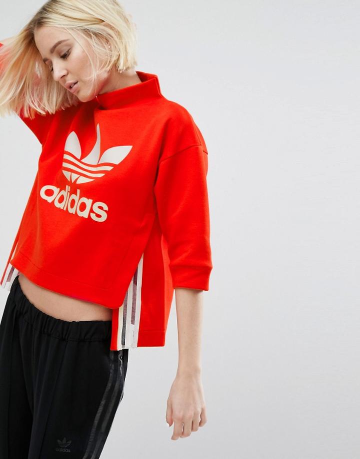 Adidas Paris Red High Neck Cropped Sweatshirt With Sheer Panels - Red