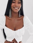Asos Design Square Neck Ruched Front Crop Top With Puff Sleeve - White
