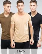 Asos 3 Pack T-shirt With V Neck In Green/beige/black Save - Multi