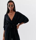 Asos Design Tall Plunge Tie Waist Kimono Sleeve Crinkle Beach Cover Up In Black - Black