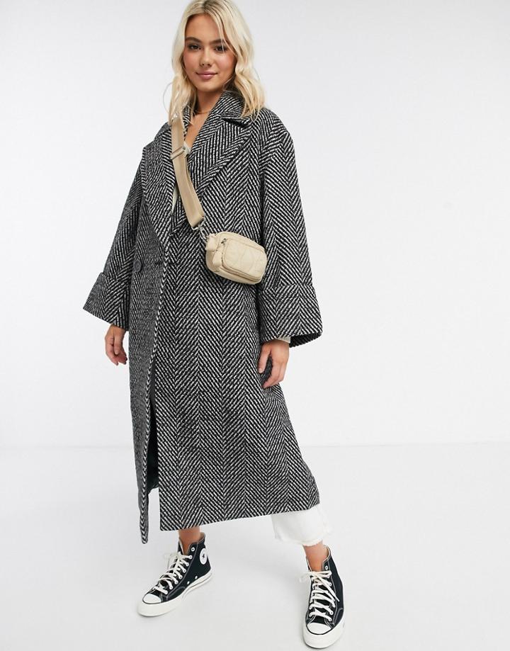 Asos Design Oversized Herringbone Coat With Cuff Detail In Mono-multi