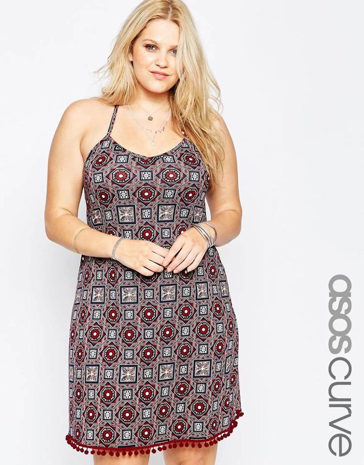 Asos Curve Swing Dress In Folk Tile Print With Crochet Back & Pom Pom Hem - Multi