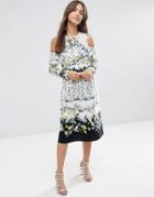 Asos Ruffle Front Cold Shoulder Dress In Placement Floral - Multi