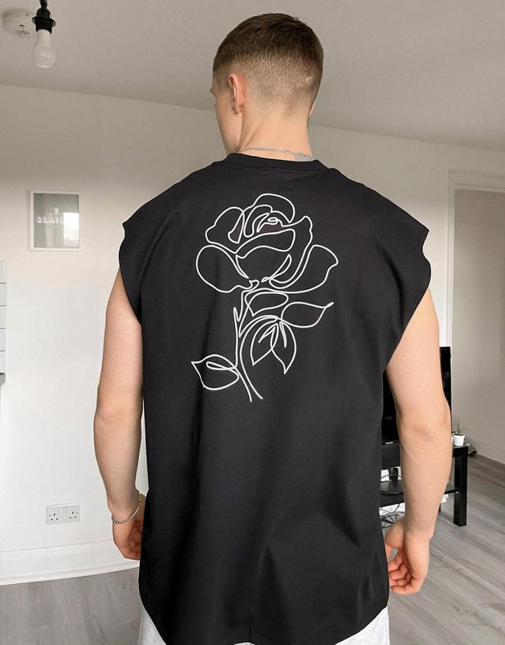 Asos Design Oversized Tank In Black With Rose Back Print