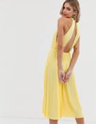 Asos Design Halter Pleated Waisted Midi Dress - Yellow