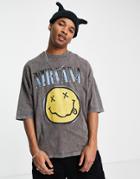 Asos Design Oversized T-shirt With Nirvana Smiley Graphic Print In Washed Black