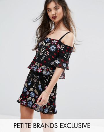 Frock And Frill Petite Premium Embroidered Cold Shoulder Mini Shift Dress - Black