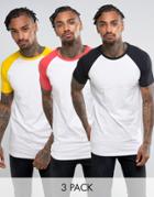 Asos Muscle Longline T-shirt With Contrast Raglan Sleeves 3 Pack Save - Multi