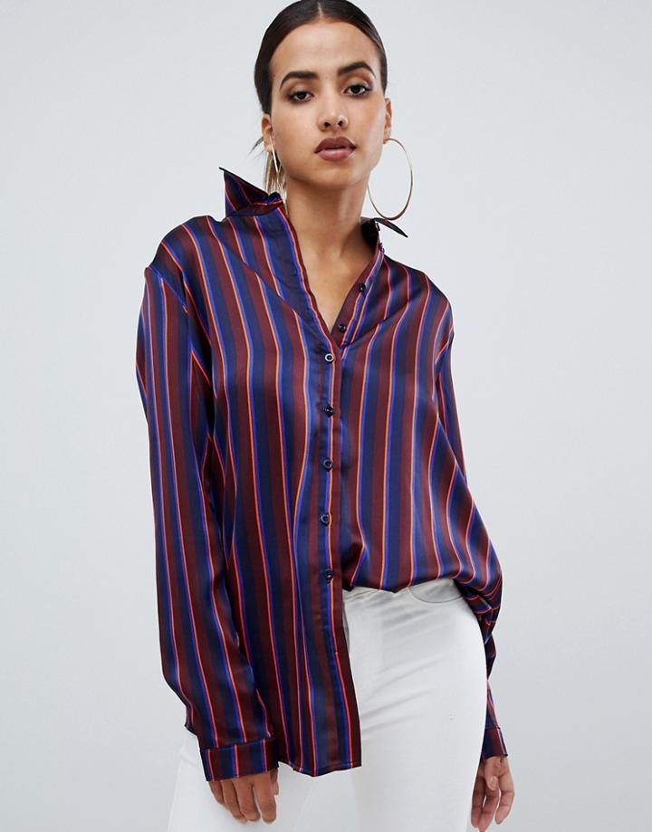 Prettylittlething Oversized Satin Shirt In Stripe - Blue