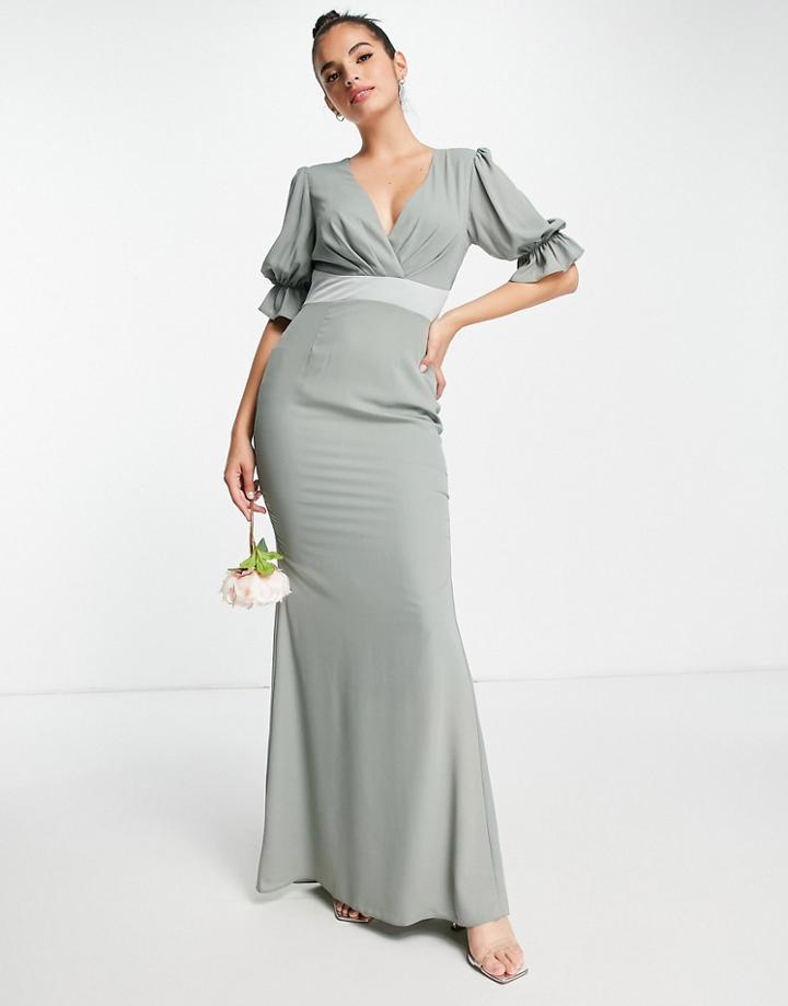 Asos Design Bridesmaid Pleat Bodice Maxi Dress With Short Sleeve And Satin Trim In Olive-green