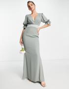 Asos Design Bridesmaid Pleat Bodice Maxi Dress With Short Sleeve And Satin Trim In Olive-green