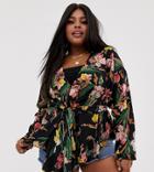 Prettylittlething Plus Wrap Blouse In Black Tropical Floral - Multi