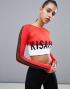 Kisaiya Branded Mesh Sleeve Crop Top - Red