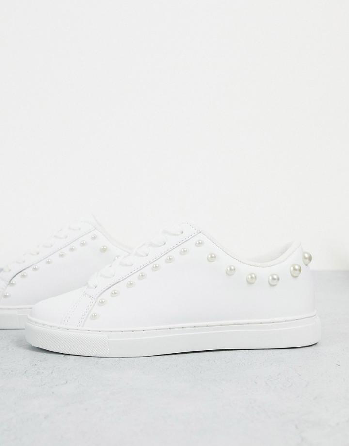 Asos Design Dollar Faux Pearl Lace Up Sneakers In White