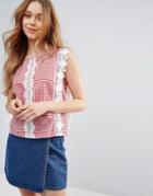 Qed London Gingham Top With Crochet Detail - Red