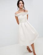 Little Mistress Bardot Midi Dress In With Premium Lace Top And Pleated Skirt-cream
