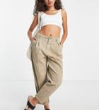Topshop Petite Relaxed Peg Pants With Button Tab Detailing In Stone-neutral