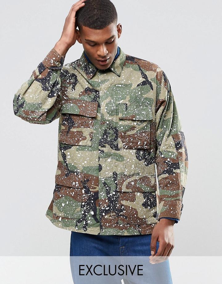 Reclaimed Vintage Military Jacket With Paint Splatter - Khaki