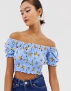 Monki Floral Print Tie Front Cropped Blouse In Pink