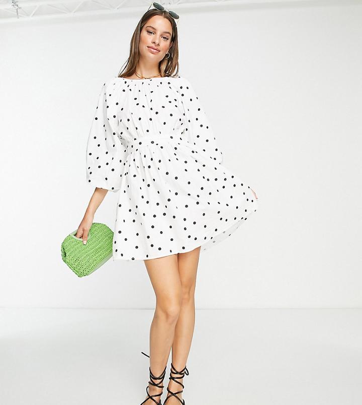 Influence Tall Angel Sleeve Mini Dress In White Polka Dot