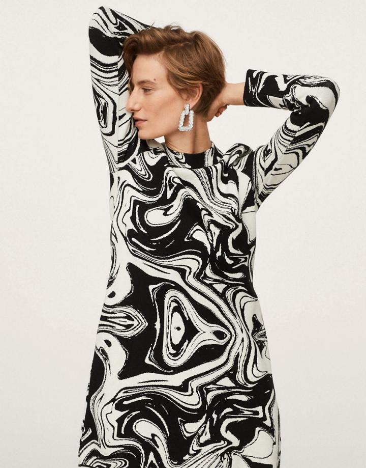 Mango 60's Long Sleeved Mini Dress In Mono Swirl-black