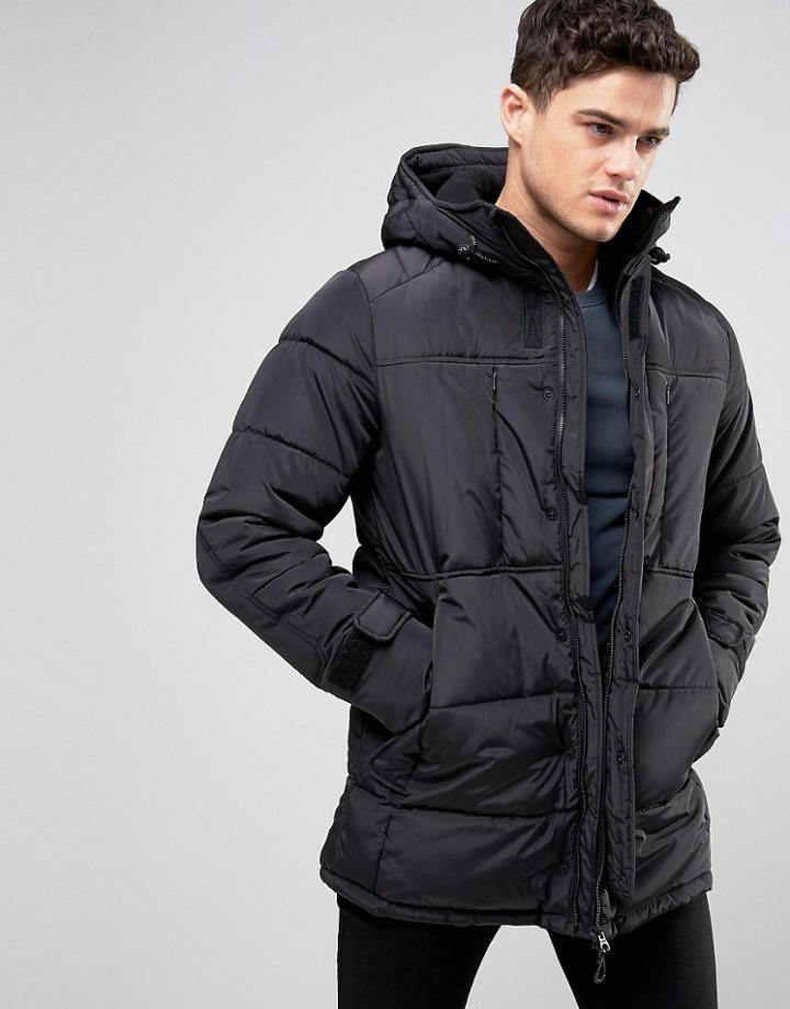 Pull & Bear Padded Parka Jacket In Black - Black