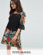 Yumi Petite Swing Dress With Frill Sleeves In Border Print - Black