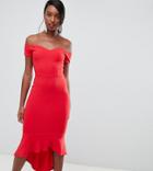 John Zack Tall Off Shoulder Ruffle Midi Dress In Red - Red