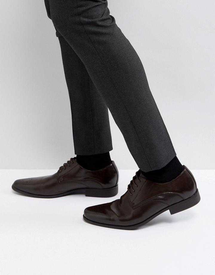 Asos Derby Brogue Shoes In Brown Faux Leather With Embossed Panel - Brown