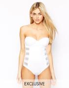 Asos Fuller Bust Exclusive Cupped Fishnet Insert Bandeau Suit Dd-g - White