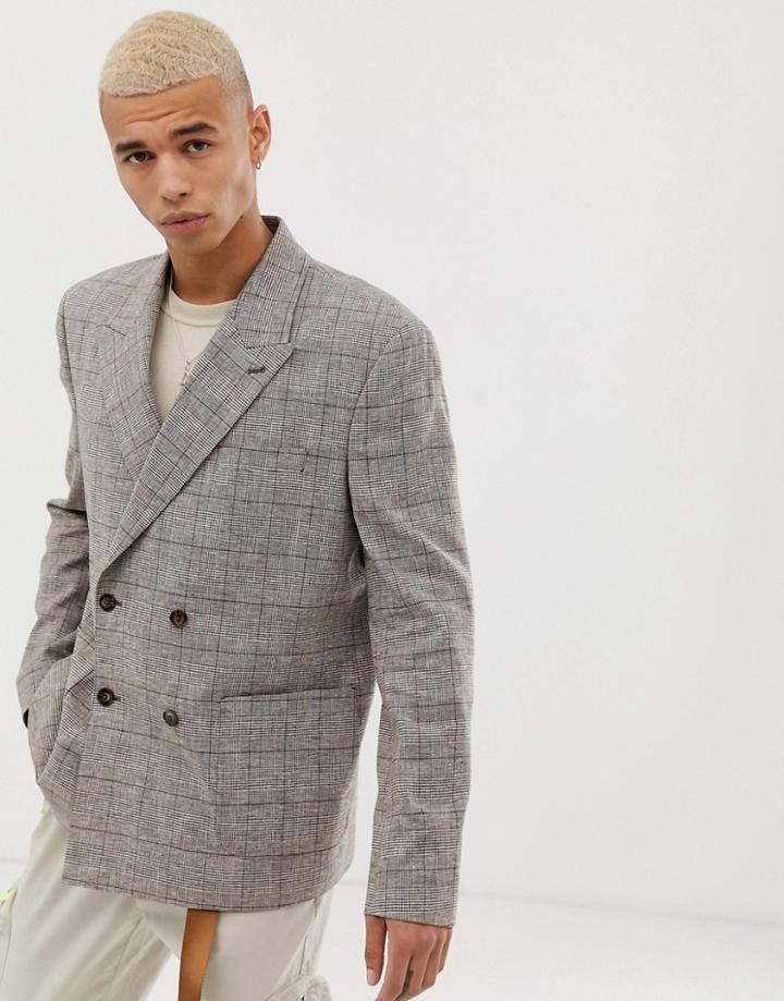 Asos Design Boxy Oversized Double Breasted Linen Blazer With Check In Brown - Brown