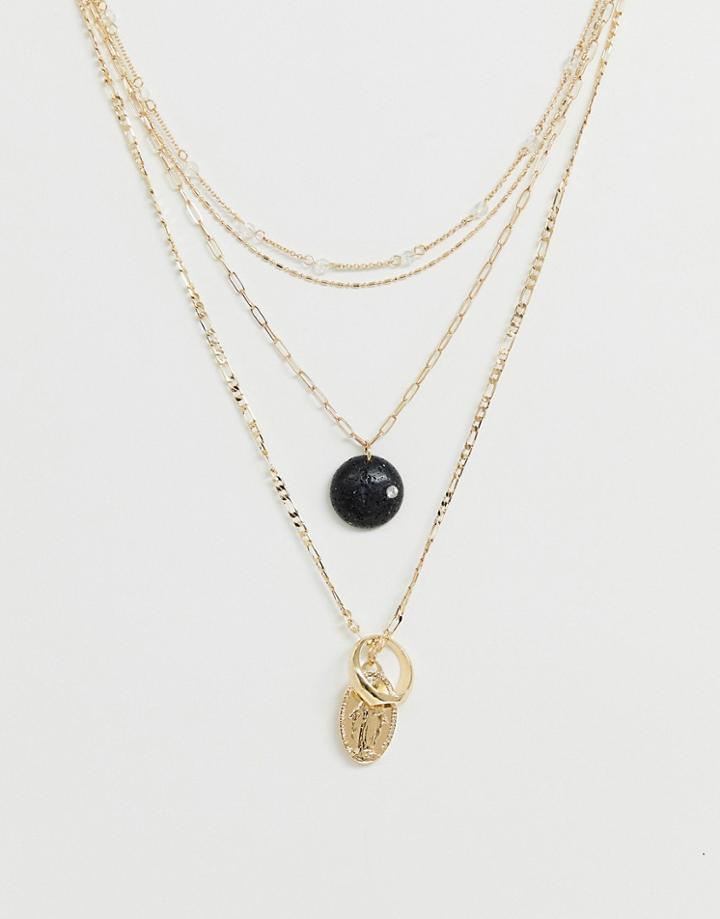 Asos Design Multirow Necklace With Stone Effect And Vintage Style Pendants In Gold - Gold