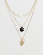 Asos Design Multirow Necklace With Stone Effect And Vintage Style Pendants In Gold - Gold