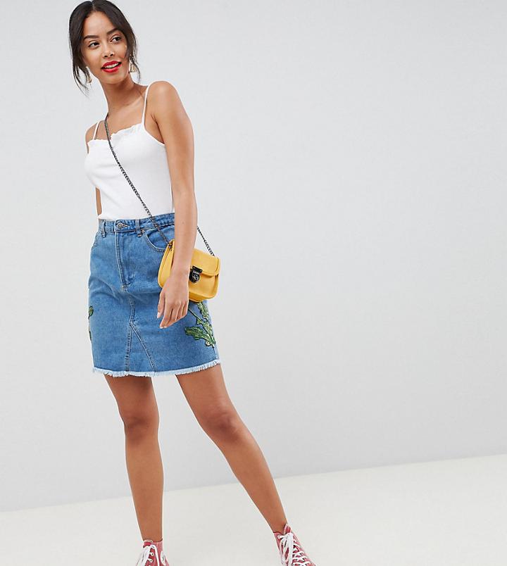 Influence Tall Floral Embroidered Denim Skirt - Blue