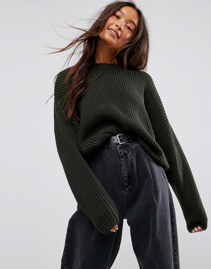 Asos Chunky Sweater In Crop With Volume Sleeve - Green