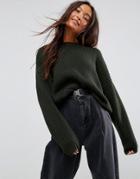 Asos Chunky Sweater In Crop With Volume Sleeve - Green