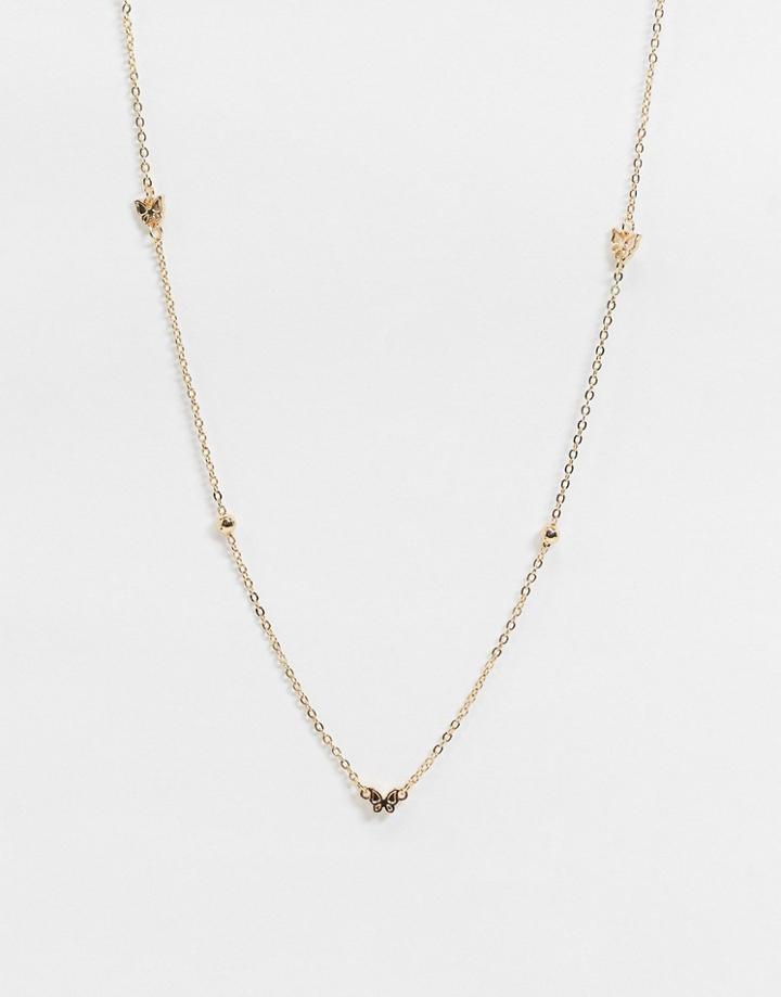 Asos Design Necklace With Dot Dash Butterfly Design In Gold Tone