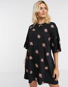 Asos Design Oversized T-shirt Dress With Floral Embroidery All Over Design-black