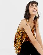Asos Design Tie Shoulder Satin Swing Cami In Tiger Print - Multi