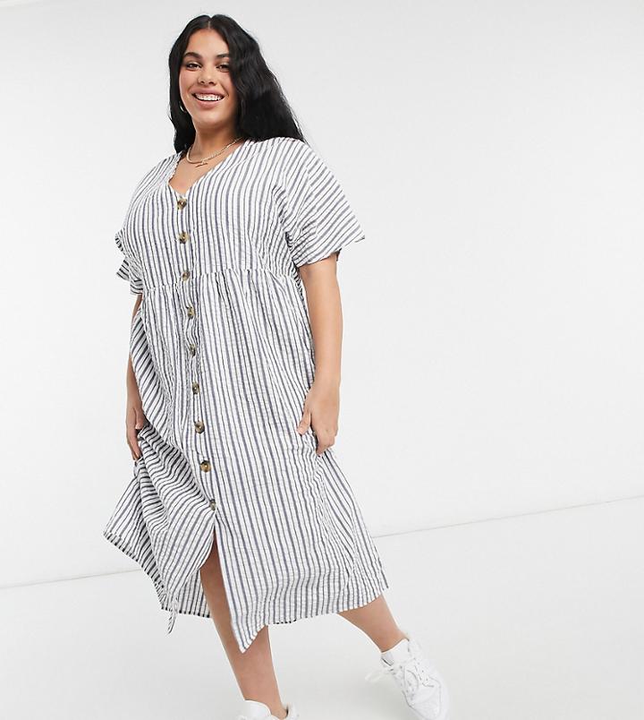 Asos Design Curve Button Through Smock Midi Dress In Stripe-multi