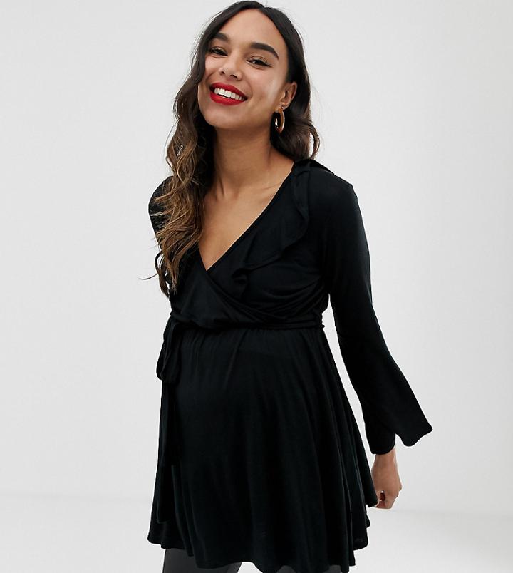 Bluebelle Maternity Wrap Over Top With Frill Deatil In Black - Black
