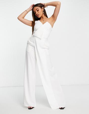 Aqaq Bridal One Shoulder Wide Leg Jumpsuit In White