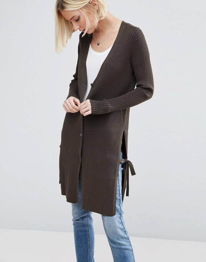 Asos Cardigan In Rib With Tie Sides - Green