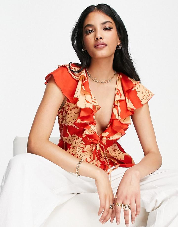 Asos Design Frill Sleeve Plunge Front Blouse With Cut Out Side In Orange Floral-multi