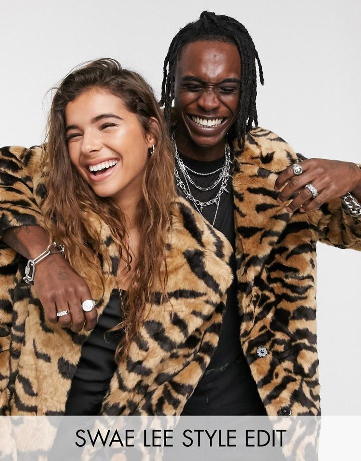 Asos Design Tiger Faux Fur Longline Coat-multi