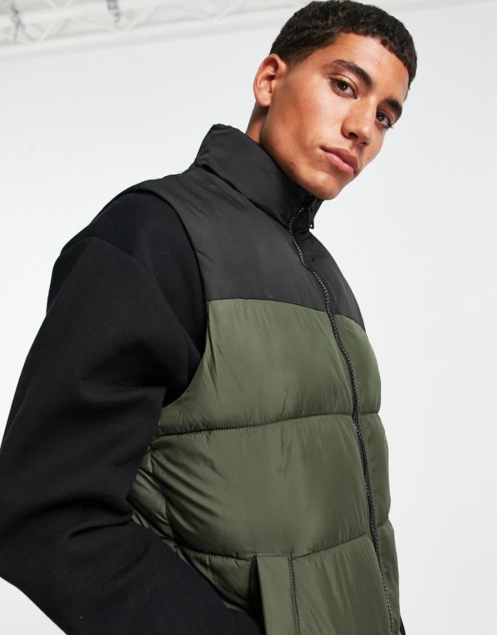 Jack & Jones Originals Puffer Vest In Khaki Color Block-green